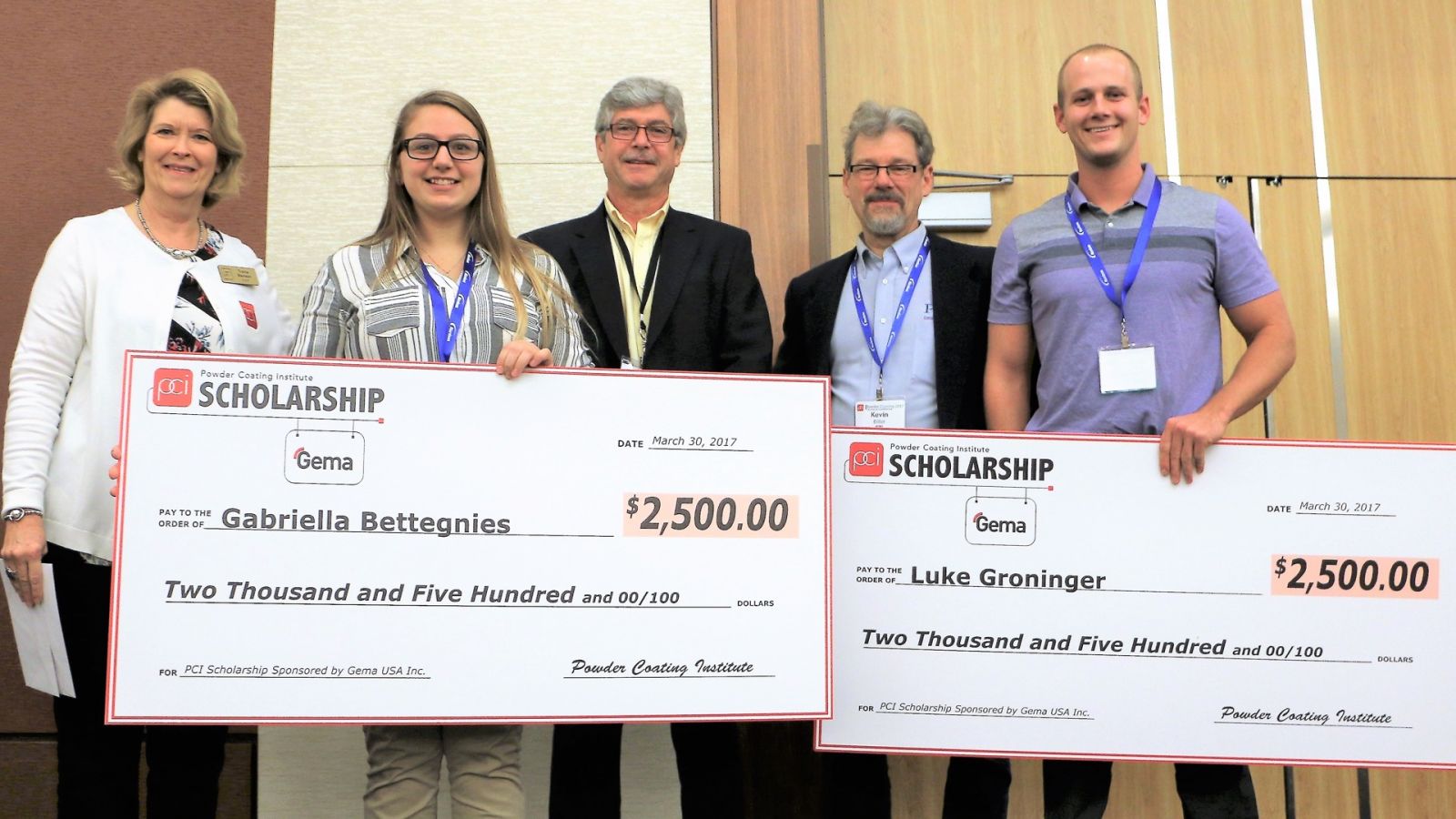 Trena Benson, executive director of PCI, Chris Merritt, and Kevin Biller, chair of PCI Future of Technology subcommittee, present the PCI/Gema scholarship awards to Gabriella Bettegnies and Luke Groninger.