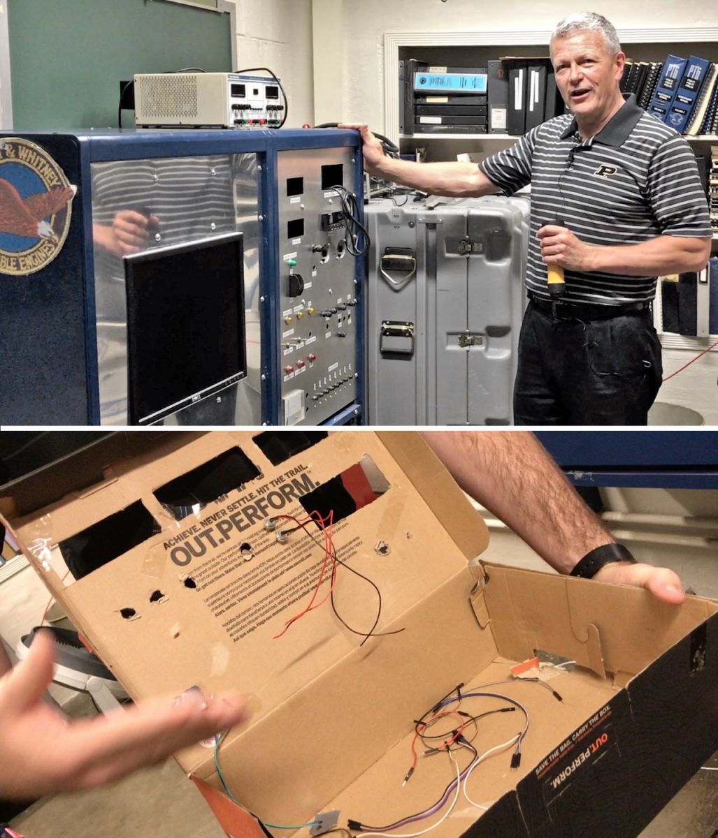 Top: Mike Davis points to racks of old equipment replaced by the microcontroller. Bottom: Gear inside the original shoebox prototype was relocated to a metal enclosure.