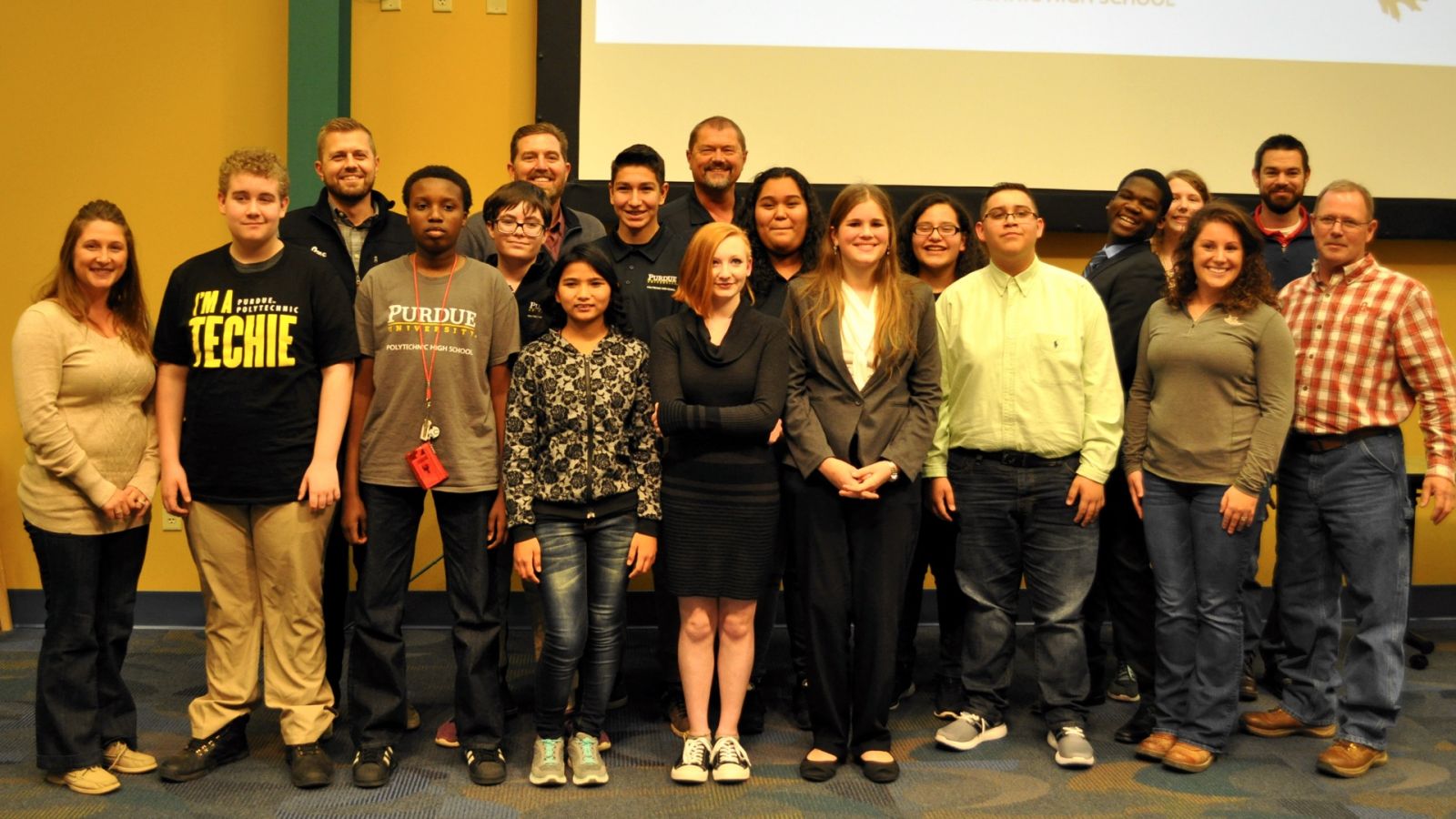 Purdue Polytechnic High School students who were pitch competition finalists, along with sponsors
