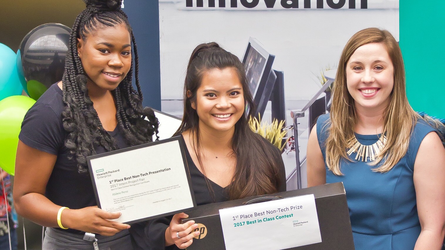 Abilene Perez (center), with other student interns at Hewlett Packard Enterprise