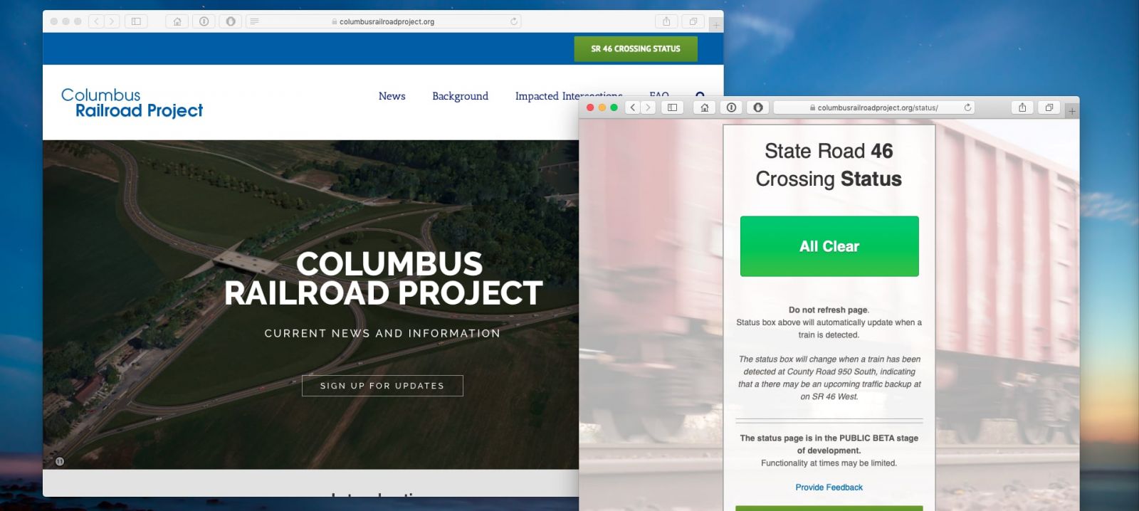 Columbus Railroad Project & SR 46 Crossing Status web pages