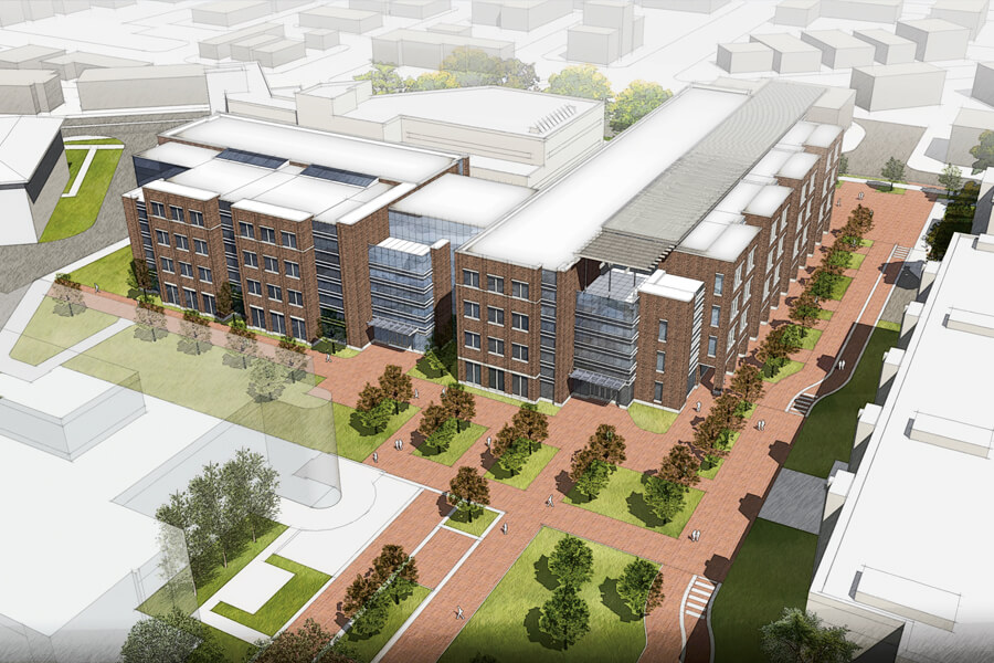An aerial view of the project, looking northeast. Knoy Hall of Technology is immediately behind the new building. These initial renderings are subject to change.