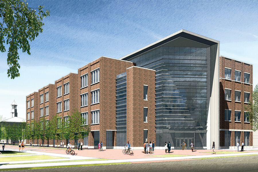 The initial rendering of the Engineering and Polytechnic Gateway project, to be constructed on the present sites of Nuclear Engineering and Michael Golden Laboratories. This view from Grant Street looks northwest, with the distant Purdue Bell Tower visible to the left.