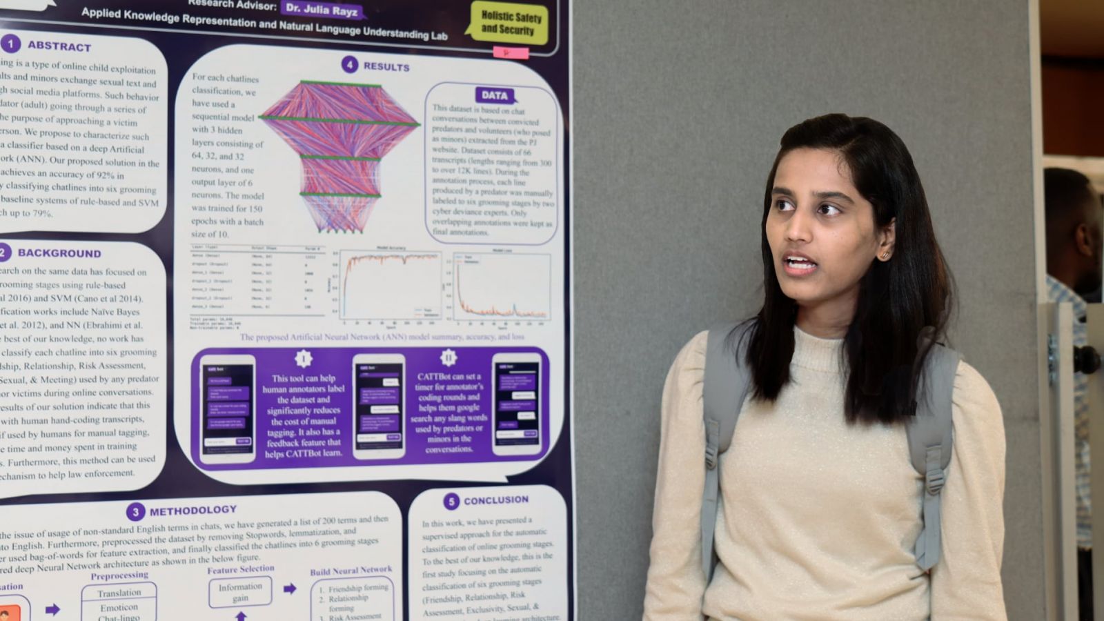 Sweta Kesur, graduate research assistant in the Department of Computer and Information Technology, discusses her research, “Deep Learning AI chatbot to classify grooming stages” (Purdue University photo/John O'Malley)