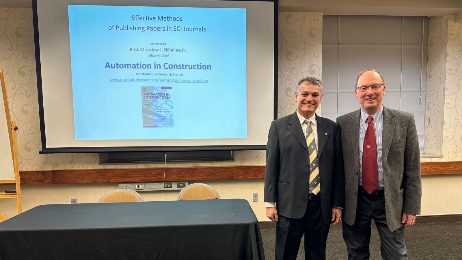 Daniel Castro, dean of Purdue Polytechnic (left), with Mirosław Skibniewski at the inaugural Dean's Lecture Series. (Photo provided)