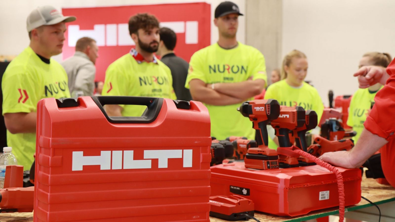 Students in Construction management Technology speak with Hilti employees at the gift event. (Purdue University photo/Zach Rodimel)