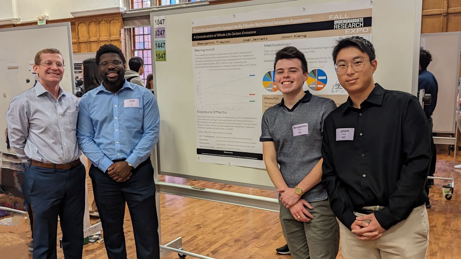 From left to right: Engineering technology professor and project mentor James Tanoos with student researchers Joel Jarrett, Benjamin Traylor and Joon Kang at the Fall 2023 Undergraduate Research Expo. (Photo provided)